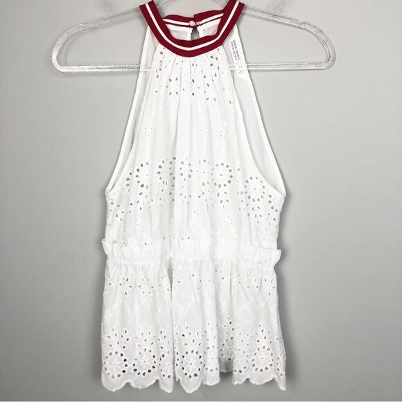 ZARA | White Eyelet Tank Top Red Stripe Halter Neckline Women’s Size Medium - Picture 1 of 8